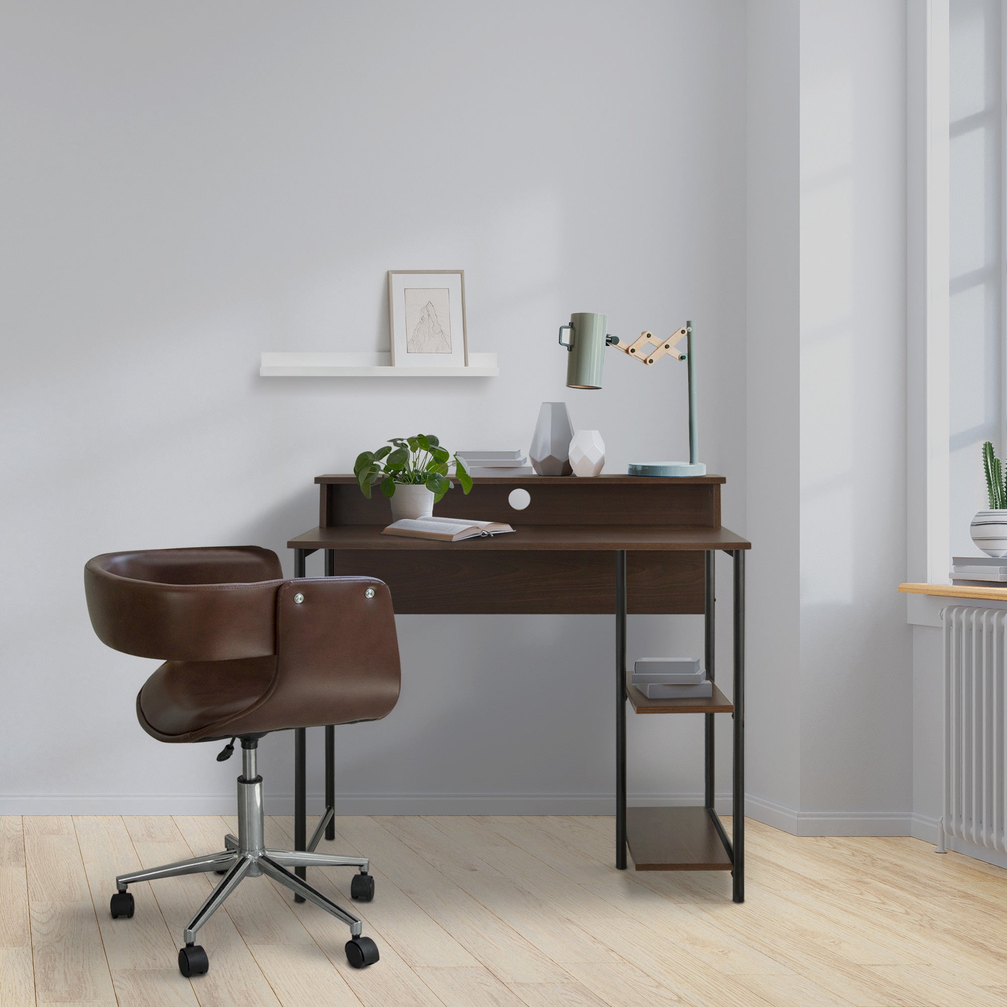 Teamson Home 35" Wooden Home Office Computer Desk with Metal Base and Storage, Natural/Black