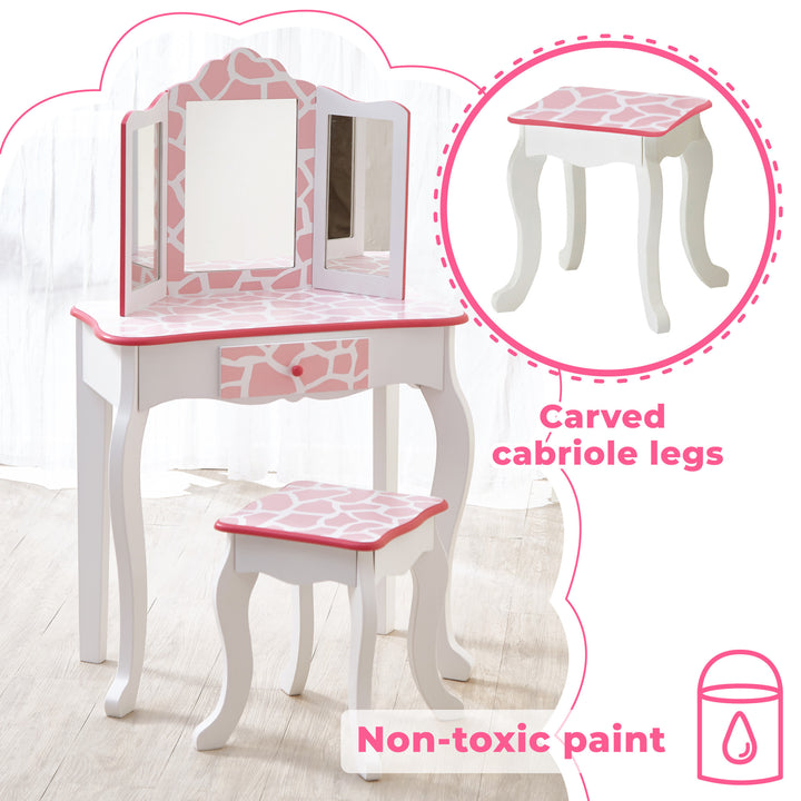 Fantasy Fields Gisele Giraffe Prints Play Vanity Set, Pink/White callouts for the carved carbriole legs and non-toxic paint.