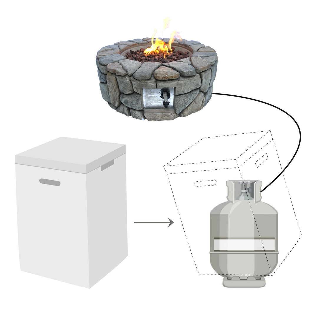 A diagram showing how to install a Teamson Home 28" Outdoor Round Stone Propane Gas Fire Pit, Stone Gray powered gas fire pit.