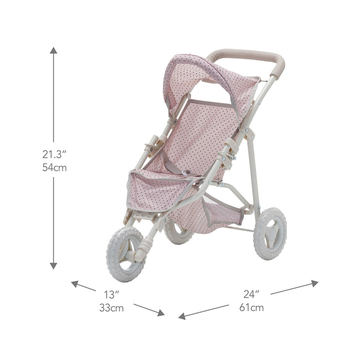 A Olivia's Little World Polka Dots Princess Baby Doll Jogging Stroller in pink and white with dimensions in inches and centimeters.