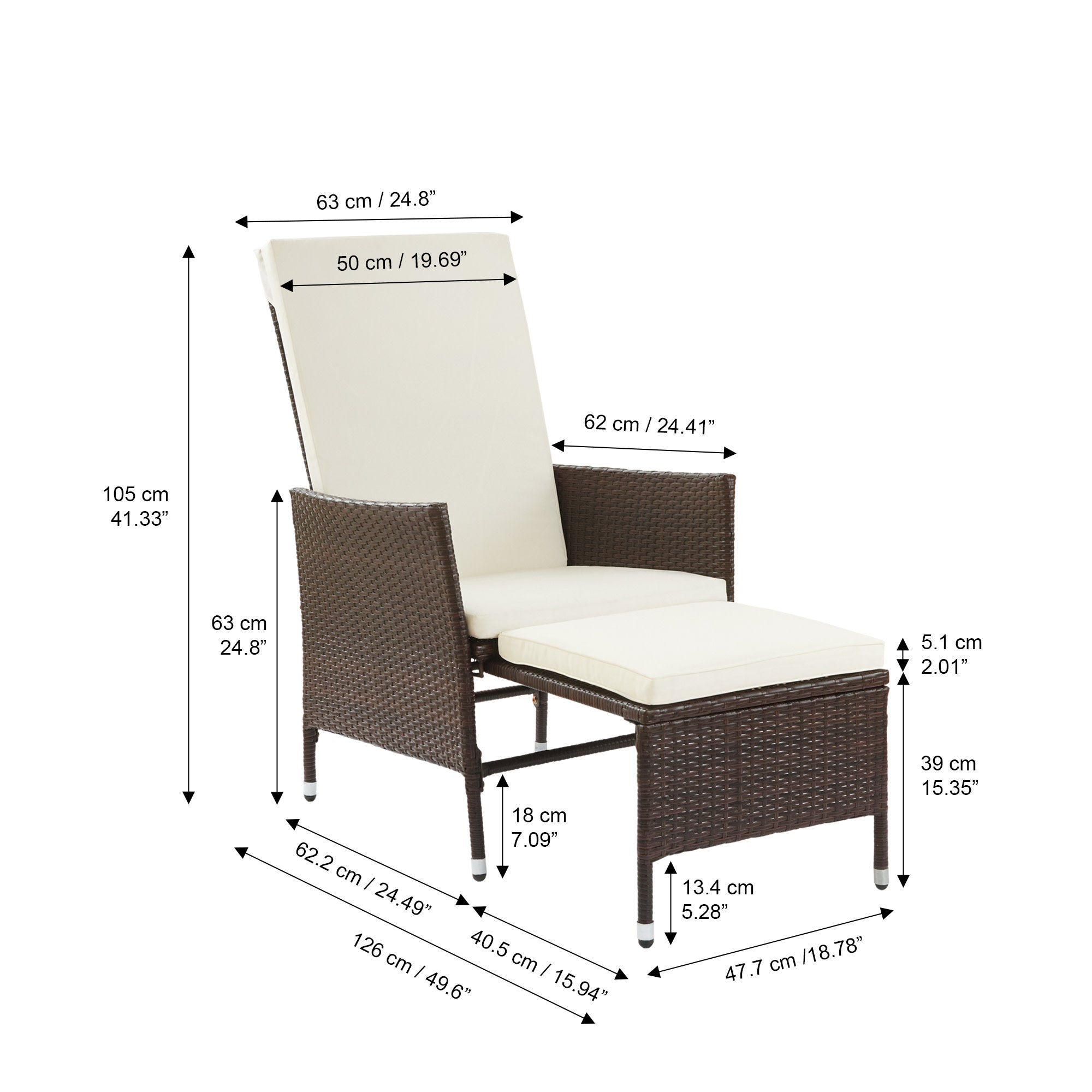 Teamson Home Outdoor PE Rattan & Wicker Patio Lounge Chair with Pull-Out Ottoman and Cushions, Brown/White