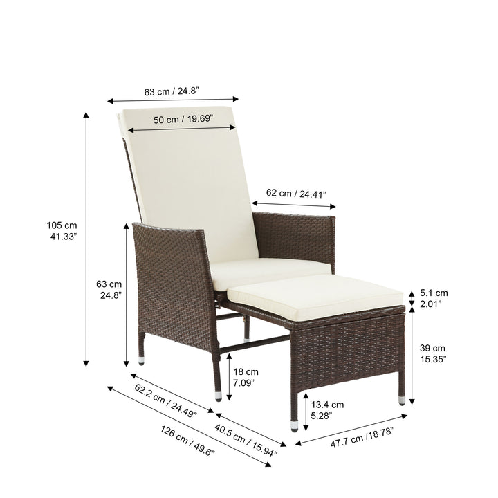 Teamson Home Outdoor PE Rattan Patio Chair with Ottoman extended and the dimensions listed in centimeters and inches