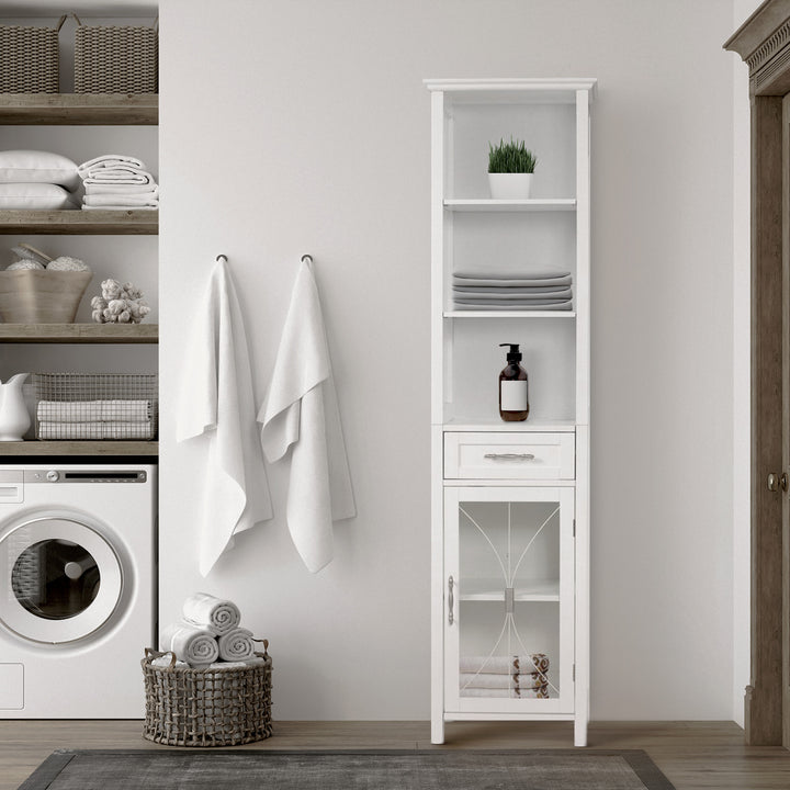 A modern laundry room with a White Teamson Home Delaney Freestanding Linen Tower with Mixed Storage