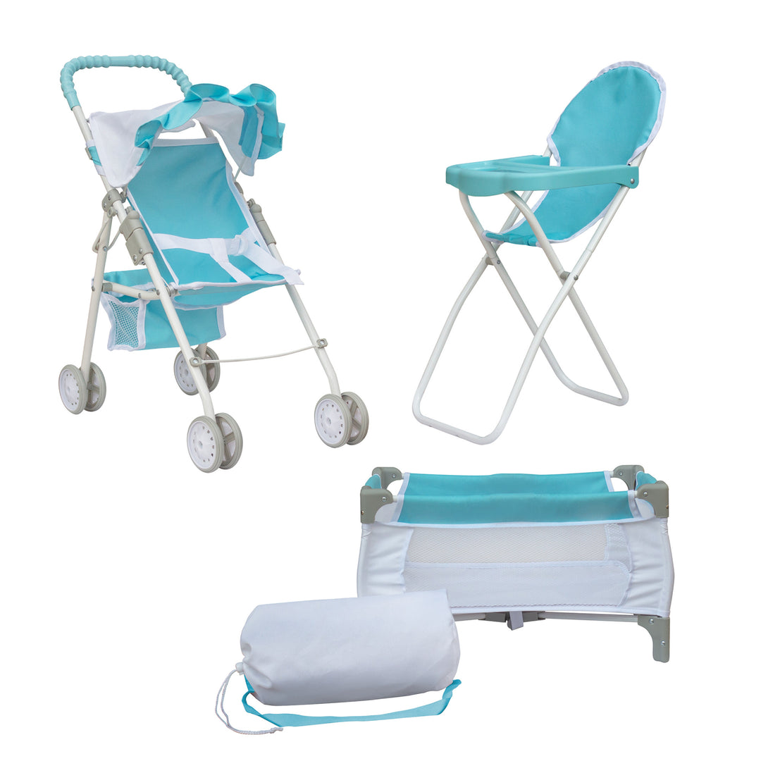 3-in-1 Baby Doll Nursery Set, Blue/White featuring a high chair, a stroller, and a crib with stowaway bag.