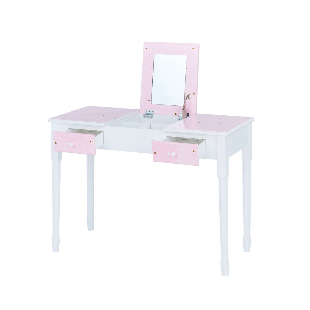 A pink and white Fantasy Fields Kids Kate Twinkle Star Vanity Set with Foldable Mirror and Chair.