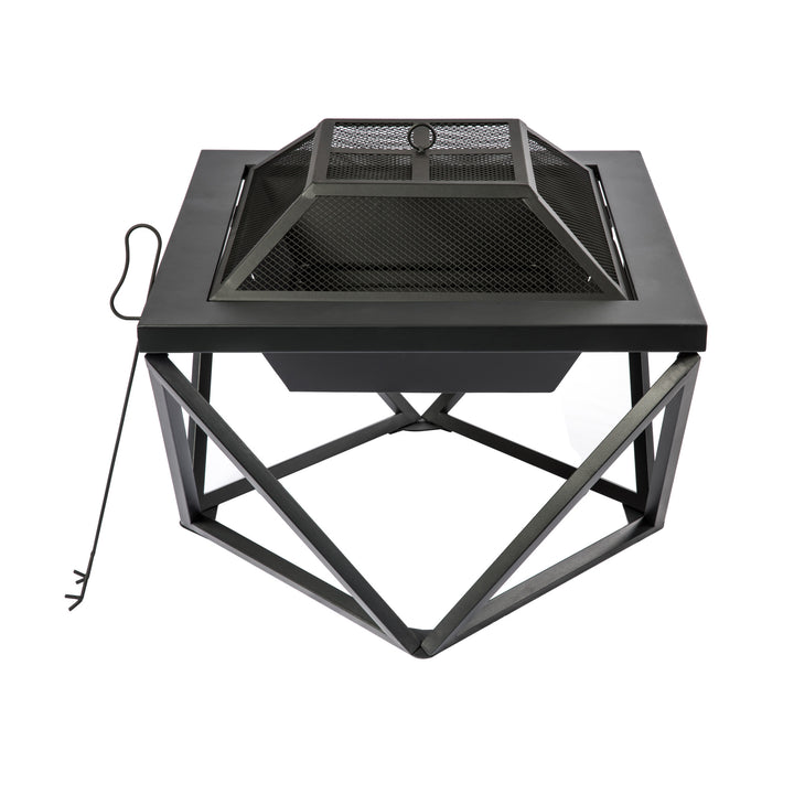 Teamson Home Outdoor 24" Wood Burning Fire Pit with Tabletop and Decorative Base, Black with a spark screen and a poker