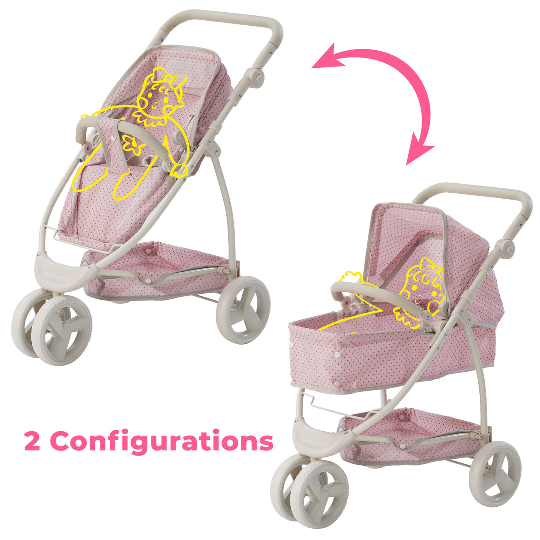 A graphic of the convertible stroller in its seated position and in its bassinet position with doll illustrations in both with a caption "2 Configurations"