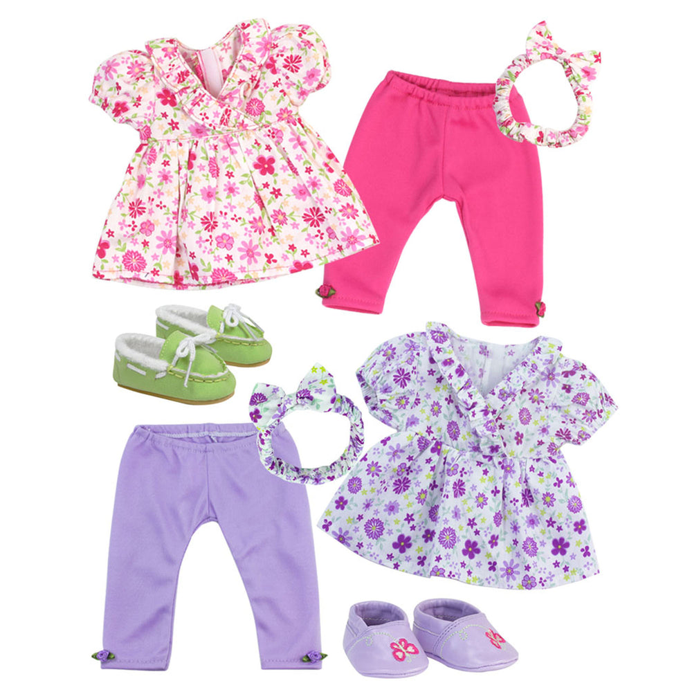 A collage of Sophia's 8 Pc Outfit set for 15" dolls: a white with pink floral print short-sleeve tunic and headband, a pair of pink leggings with a flower accents on the cuffs, a pair of lime green moccasin shoes, a white shirt with purple floral print and a matching headband, purple leggings with a flower accent on the cuff, and a pair of purple slip on shoes with a pink butterfly.