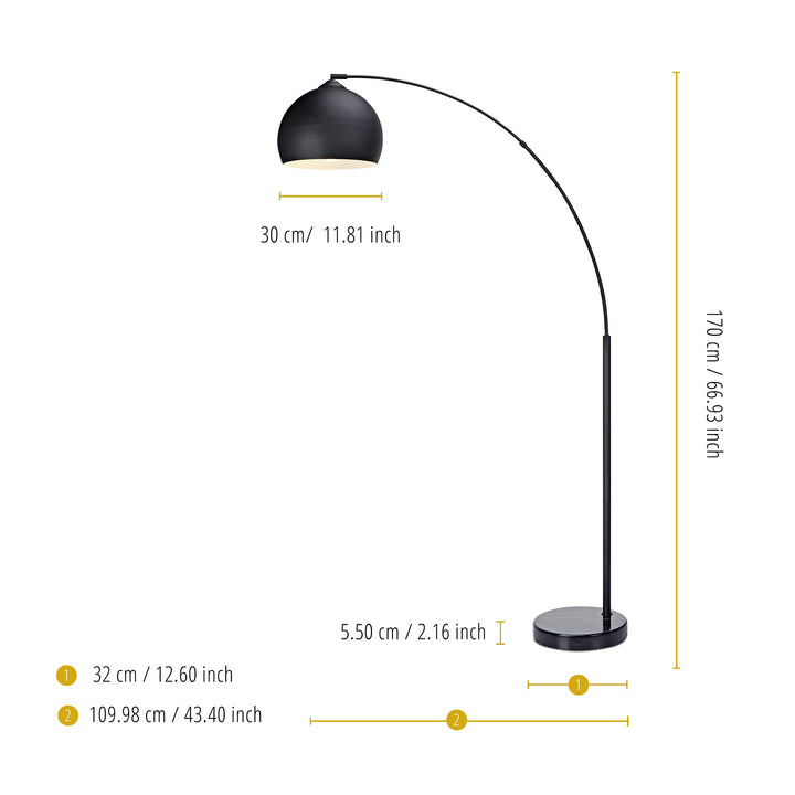 The measurements of a Teamson Home Arquer Arc Metal Floor Lamp with Bell Shade, Black.