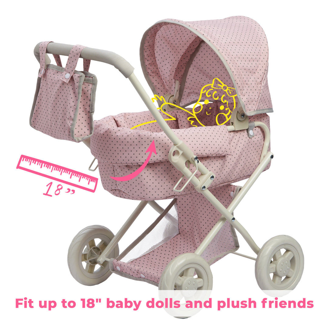 Photo of the baby buggy with illustrations of a doll inside and a ruler and a caption, "Fit up to 18" baby dolls and plush friends"