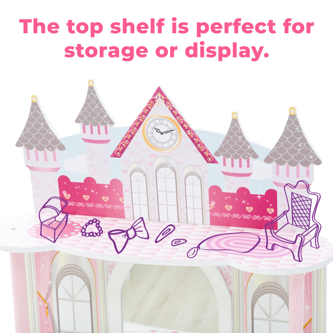 The top shelf is perfect for Fantasy Fields Kids Dreamland Castle Vanity Set with Chair and Accessories, White/Pink storage or display.