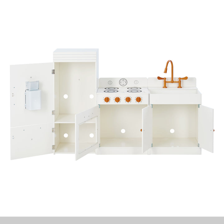 Children's Teamson Kids Little Chef Paris Complete Kitchen Playset with stove, sink, and open cabinets, featuring realistic details and a modern design, isolated on a white background.