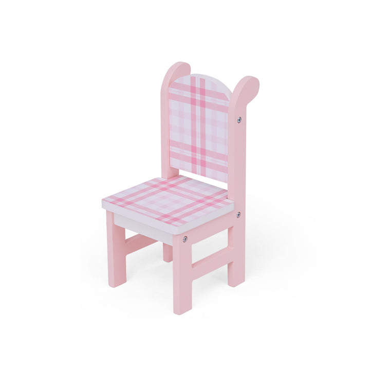 Close-up of a pink and white chair with pink plaid print  sized for 18" dolls.