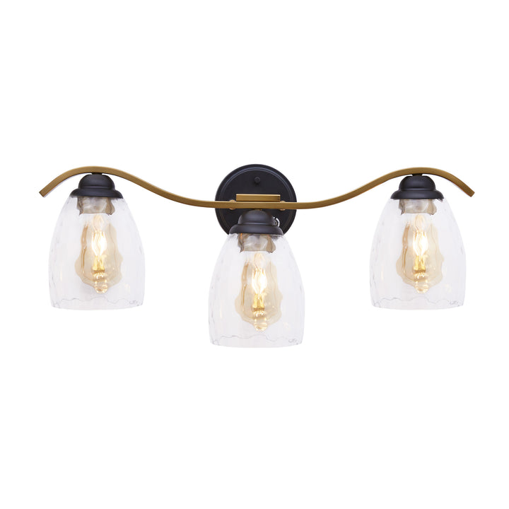 Heidi 3-Light Bathroom Vanity Fixture with Dimmer, Clear Hammered Glass Cloche Shades, Black/Brass with a small view of the dimmer button