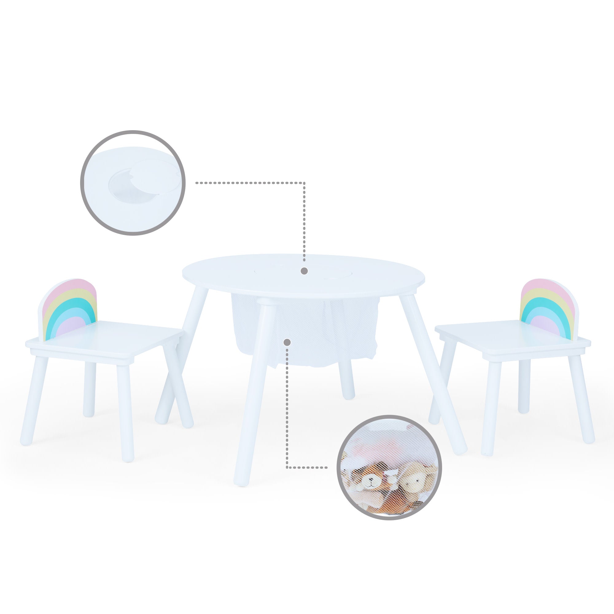Fantasy Fields Kids Round Play Table with Center Mesh Storage and Two Rainbow Chairs, White