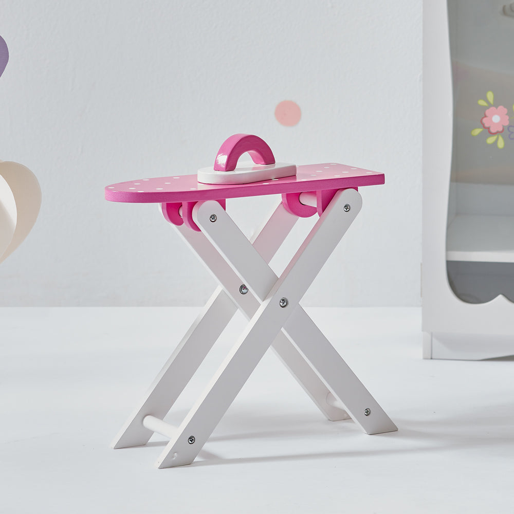A pink and white Olivia's Little World Little Princess Wooden Doll Ironing Board and Iron, pink and white.