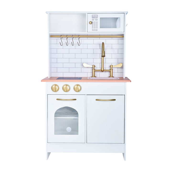 A Teamson Kids Little Chef Boston Classic Play Kitchen & Cookware with a microwave, sink, and storage cabinets on a white background.