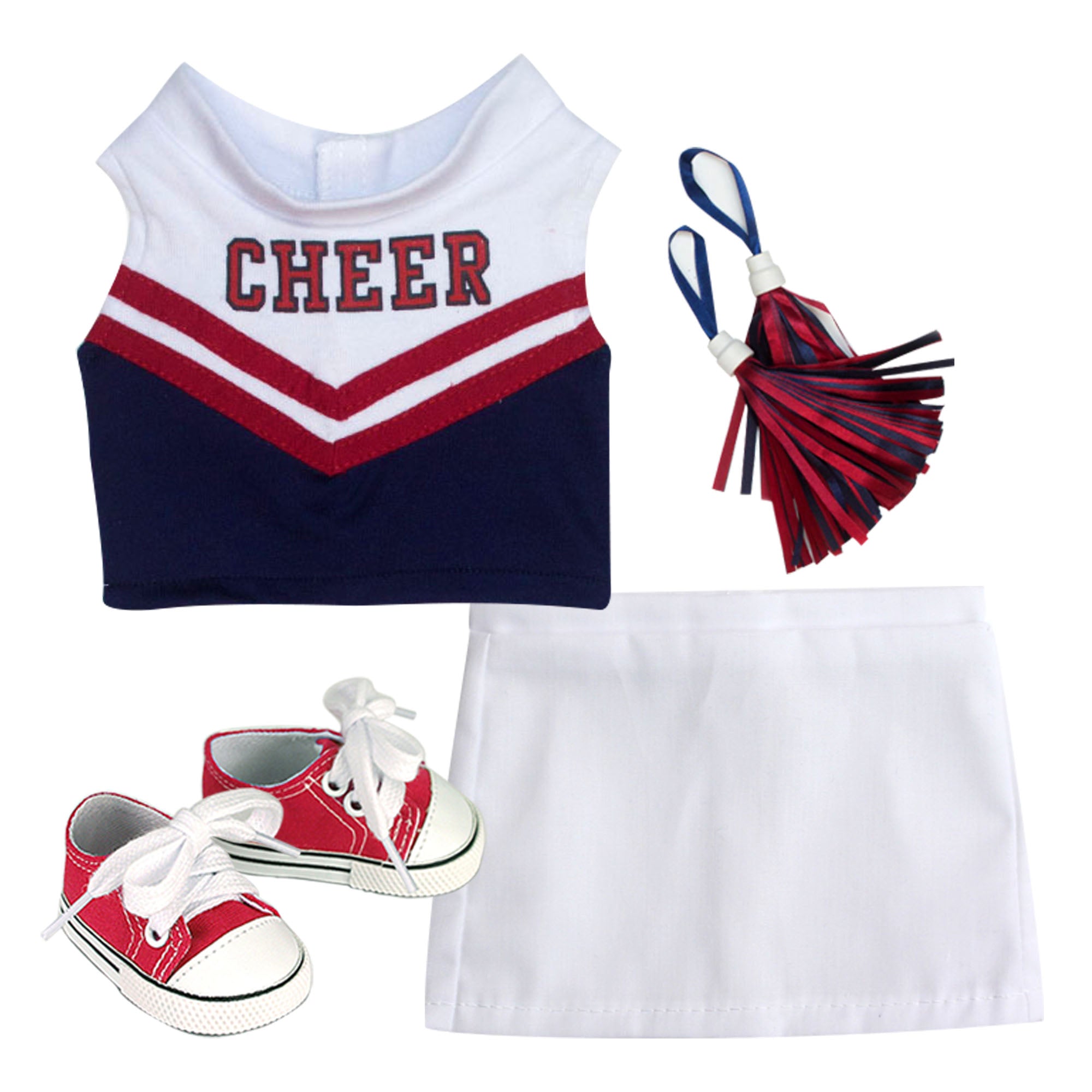 Sophia's 4 Piece Cheerleading Uniform with Pom Poms and Tennis Shoes for 18" Dolls, White/Red