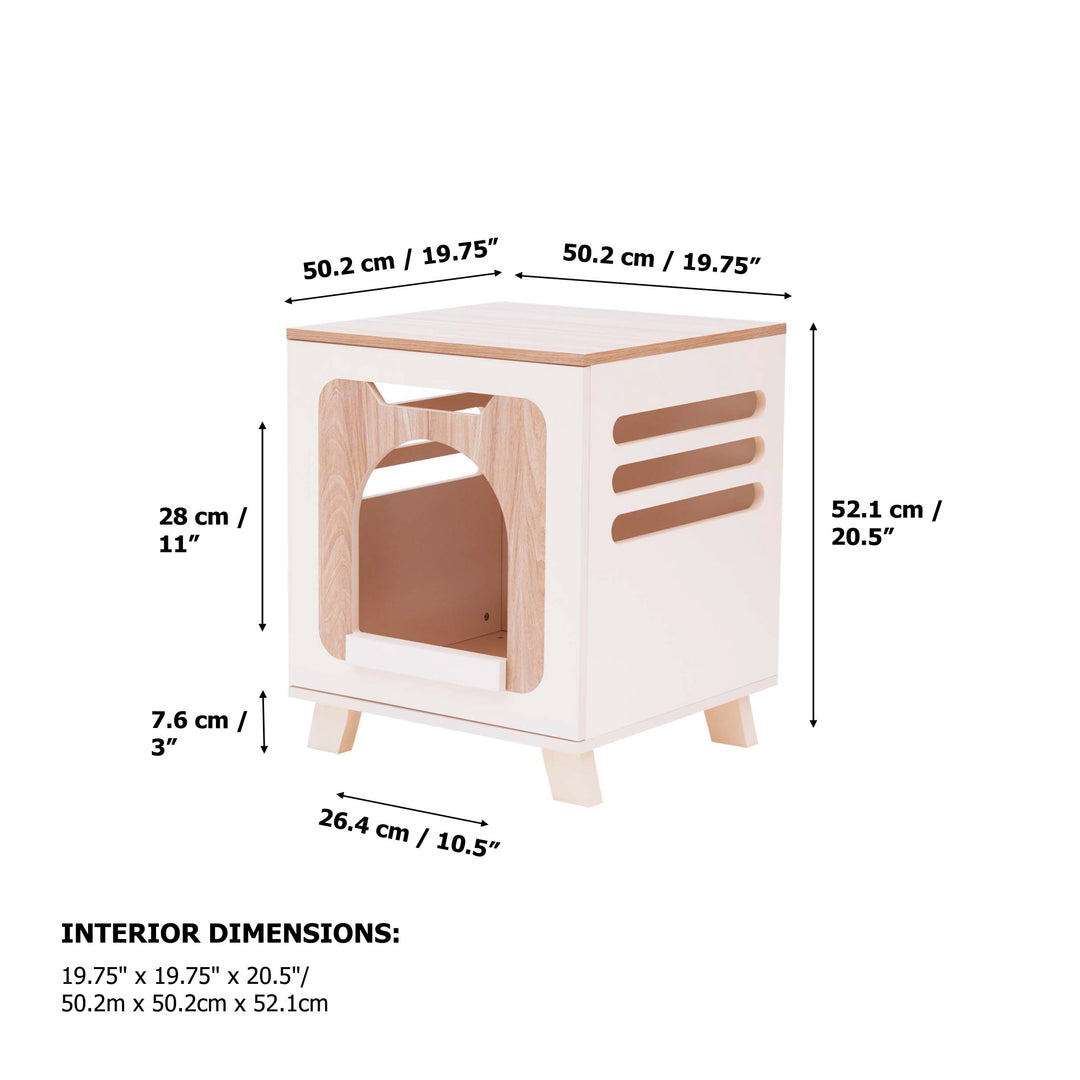 Dimensions of the Elyse Elevated Vented Wooden Cat Litter Box Enclosure Side Table listed in inches and centimeters.
