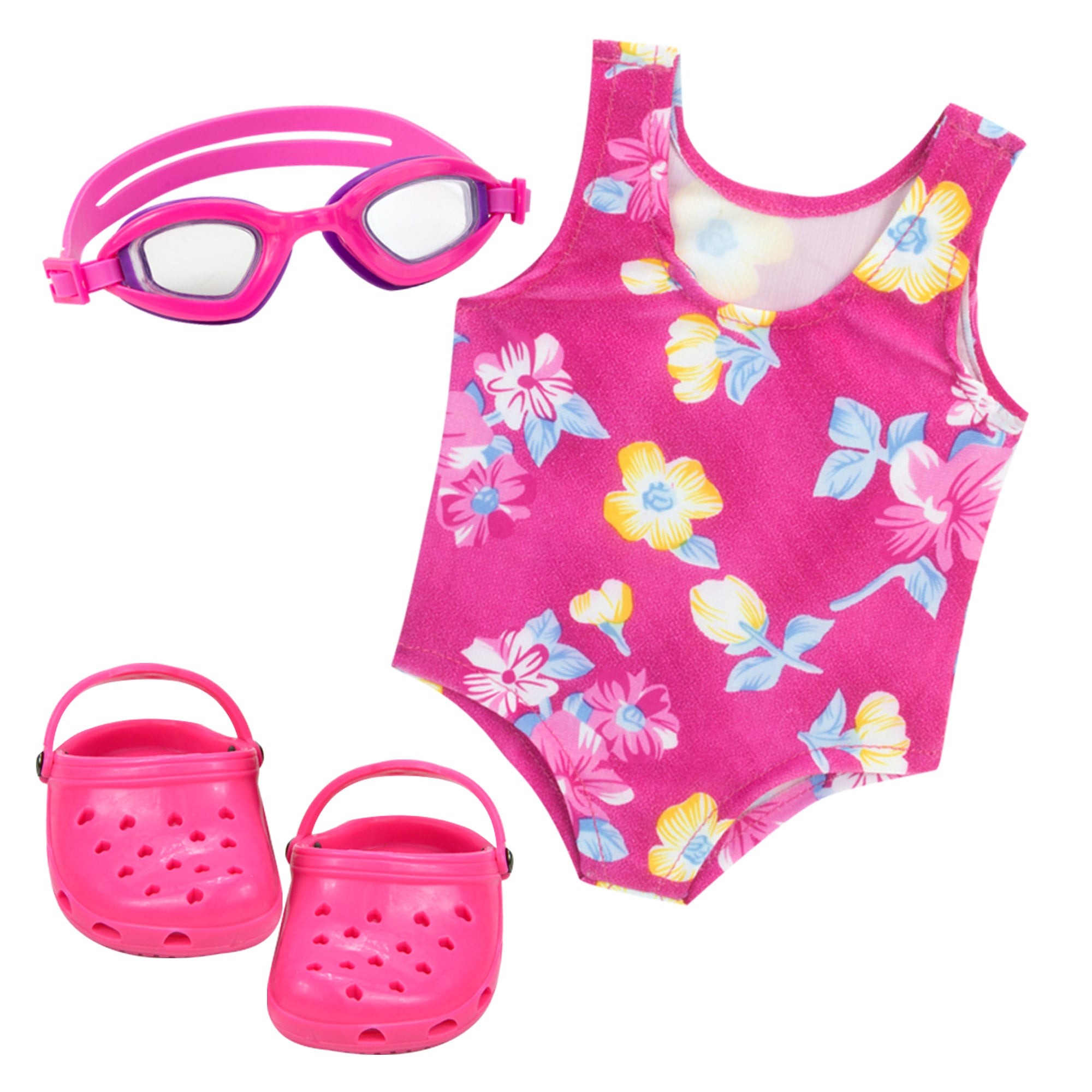 Sophia's 3 Piece Swim Set Includes Floral Swimsuit, Water Goggles and Sandals for 18" Dolls, Hot Pink