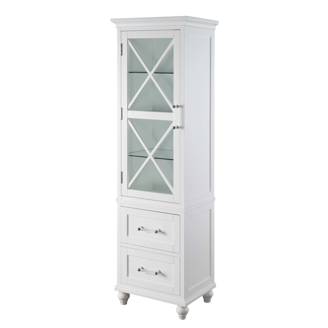 A side view of a Teamson Home Blue Ridge Wooden Linen Tower Cabinet with Adjustable Shelves, White with glass doors and two drawers.