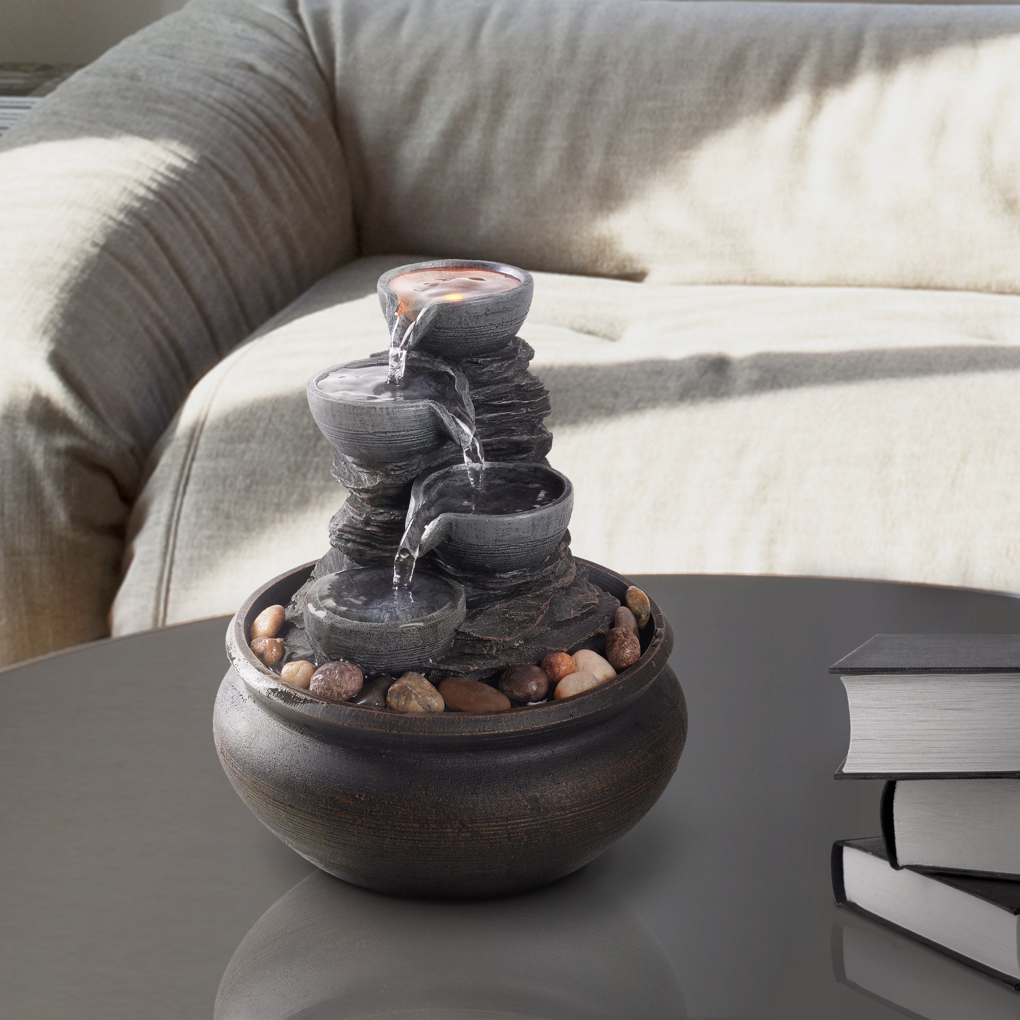Teamson Home Tabletop Fountain with LED Light, Stone Gray