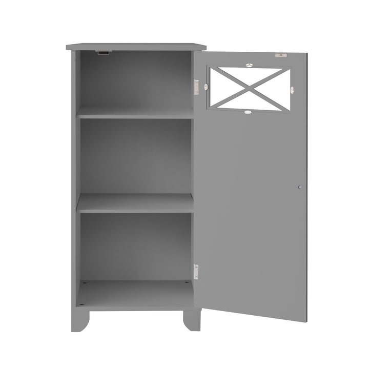 A Teamson Home Dawson Gray Floor Storage Cabinet with Door with the cabinet door open with a pair of shelves
