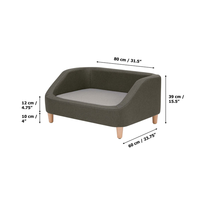 A two-tone gray Bennett Linen Sofa Pet Bed with the dimensions in inches and centimeters.