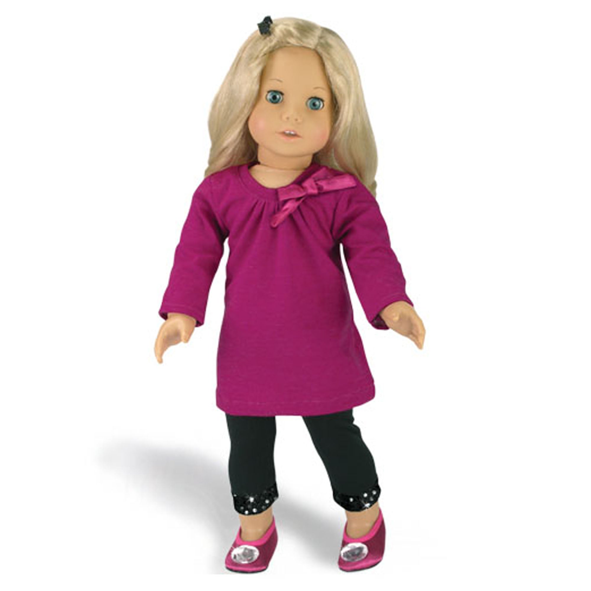 Sophia’s Tunic-Length T-Shirt Dress with Satin Bow & Sequin-Trimmed Leggings for 18” Dolls, Berry/Black