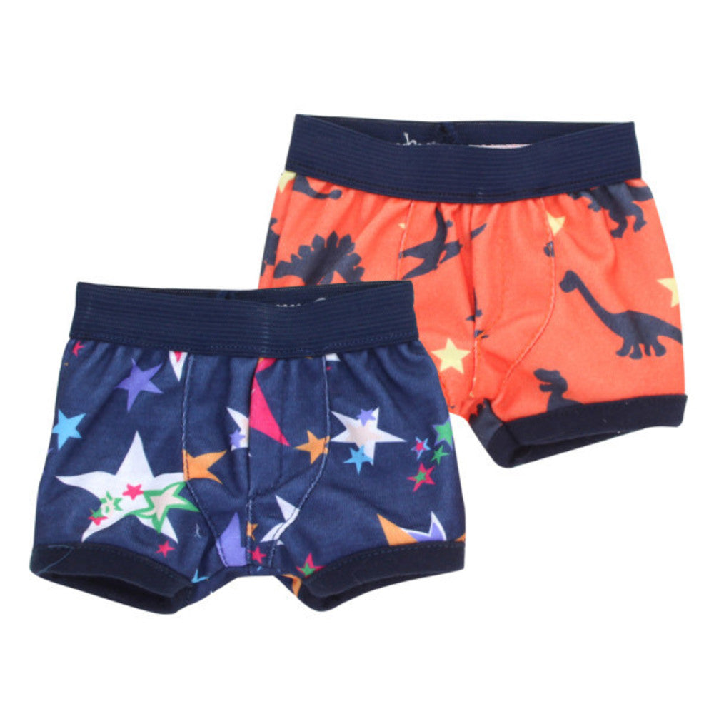 Two pair of Sophia's Printed Brief Underwear Set for 18'' Boy Dolls with stars and dinosaurs on them.