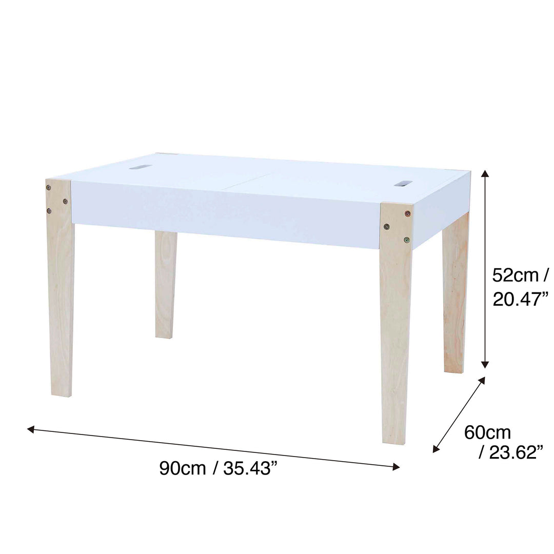 Dimensions in inches and centimeters of a white and wood child-sized table and two chairs.