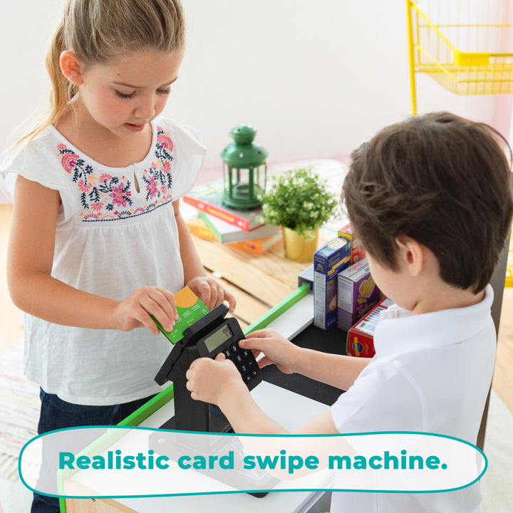 Text on an image of children playing checkout reads "realistic card swipe machine."