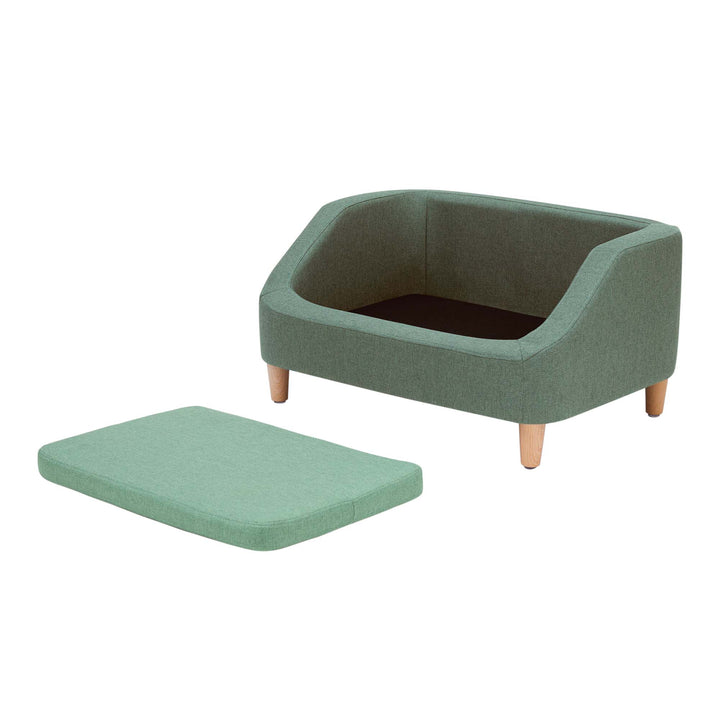 The Bennett Linen Sofa Pet Bed for Cats and Dogs in a two-toned sea green with the cushion removed.