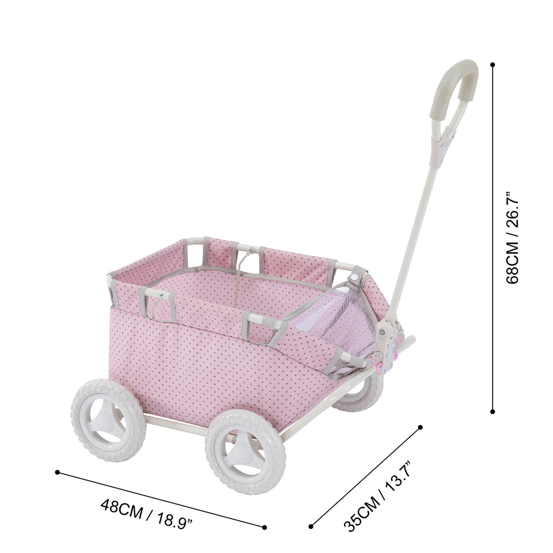 A pink and white Olivia's Little World Polka Dots Princess Baby Doll Wagon with dimensions in inches and centimeters.