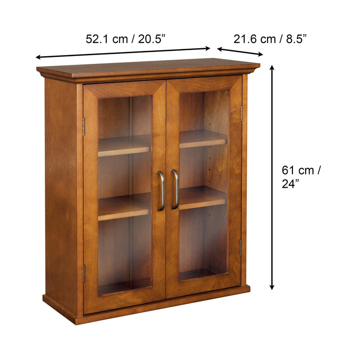 Dimensions in inches and centimeters of a Teamson Home Avery Oiled Oak Removable Wall Cabinet