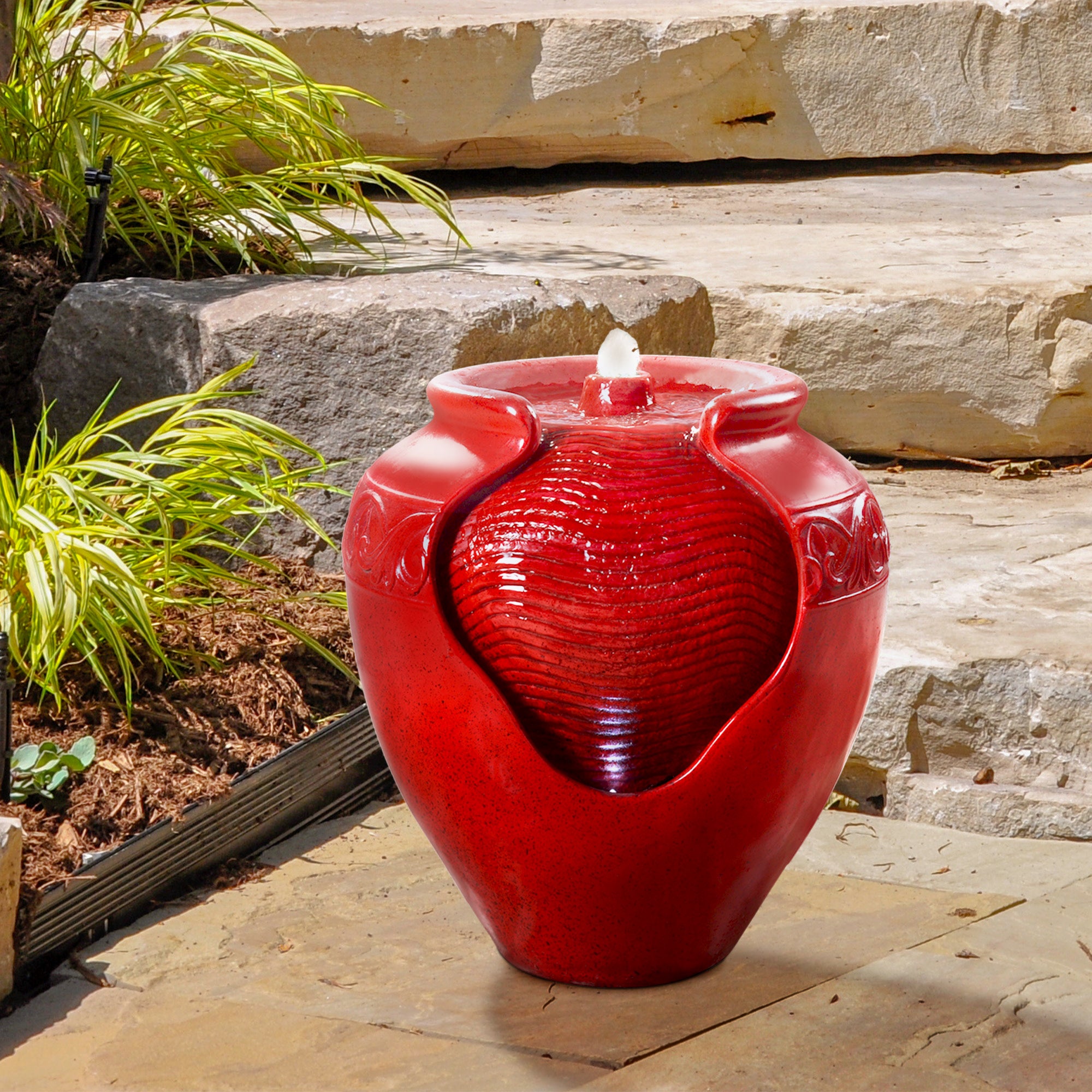 Teamson Home Outdoor Glazed Pot Floor Fountain with LED Lights, Red