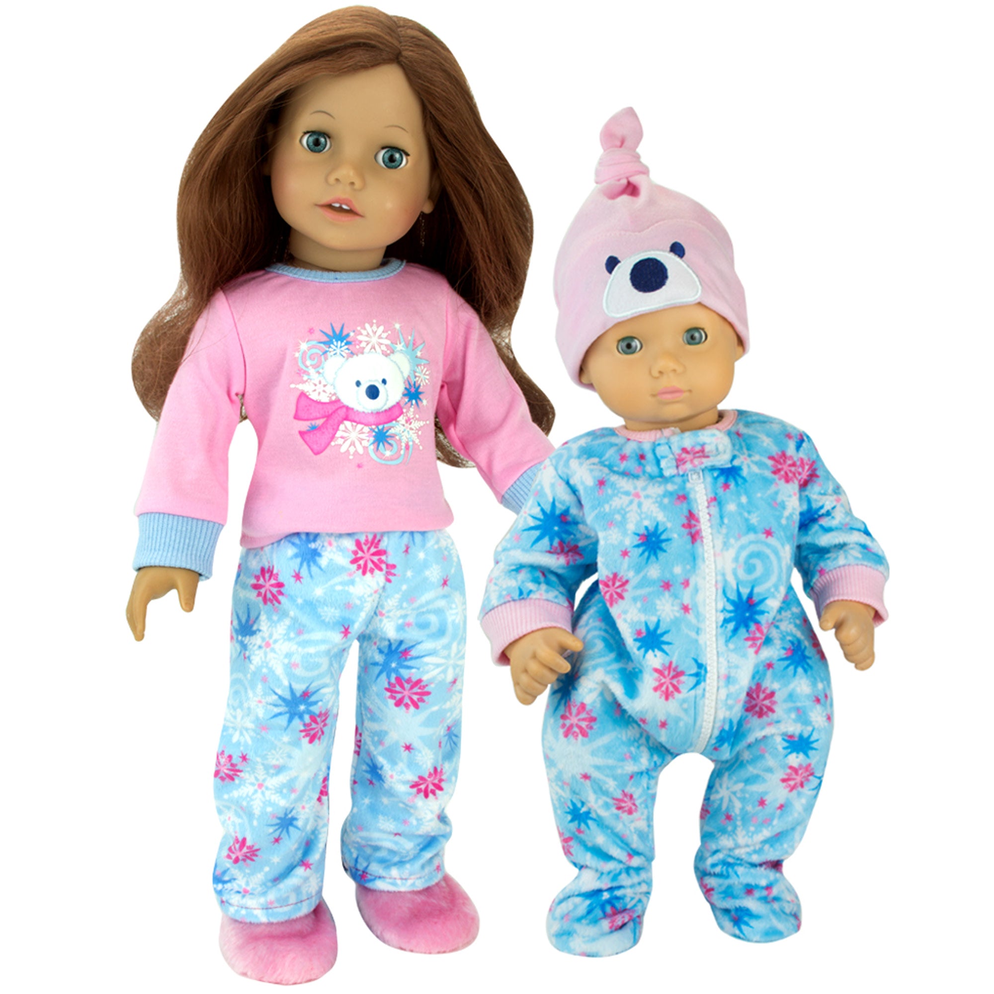 Sophia's 3 Piece Winter Pajamas with Polar Bear Shirt, Fleece Pants and Slippers for 18" Dolls, Pink/Blue