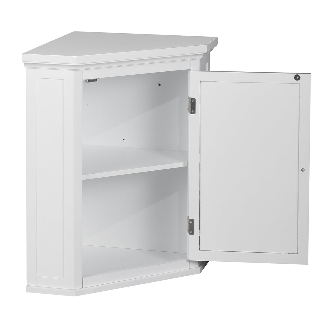A Teamson Home White Glancy Corner Wall Cabinet with Louvered Door with the door open to reveal the adjustable interior shelf
