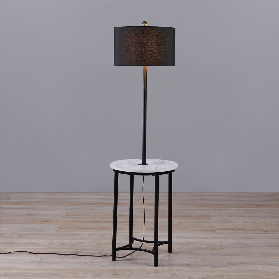 Teamson Home Shenna Floor Lamp with Faux White Marble Tray Table, Black with the light on