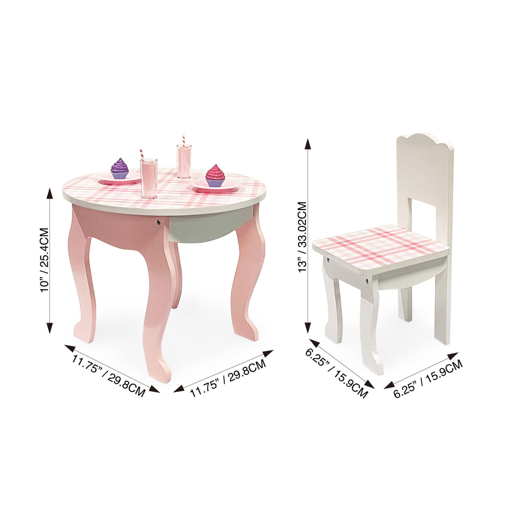 Dimensions of the table and chairs in inches and centimeters, in white with a pink plaid print.