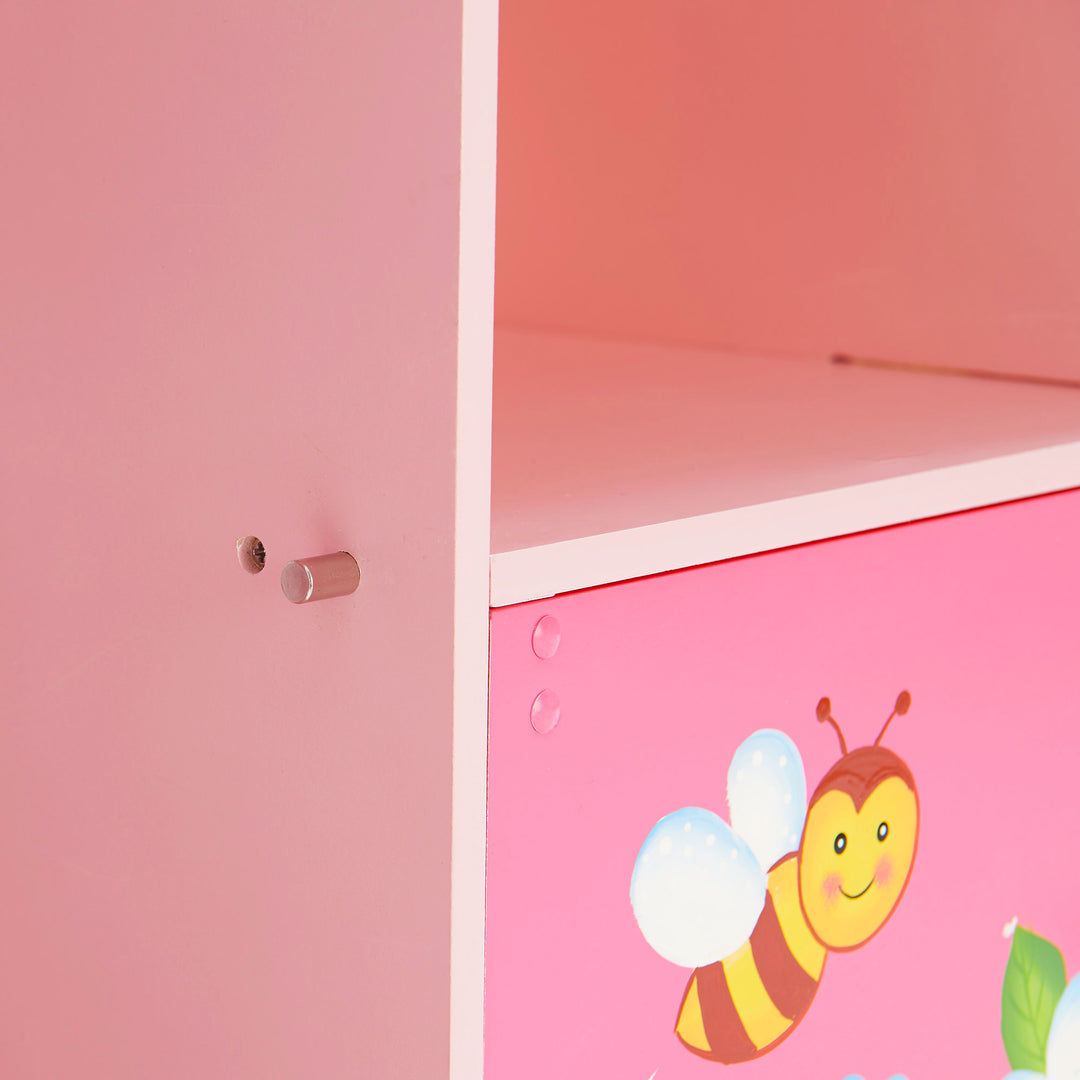 Close-up of the adjustable shelving pegs and illustrations of the pink storage cubicle.