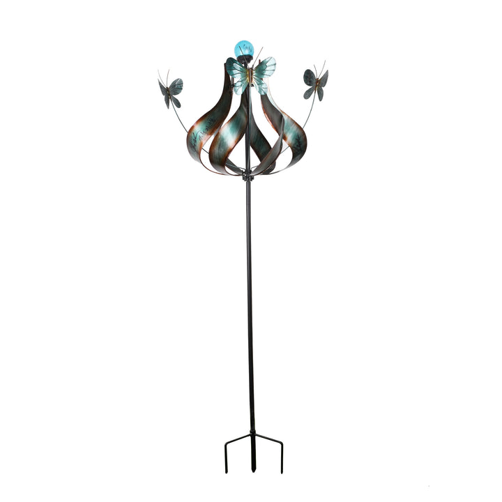 Decorative Teamson Home Outdoor Solar Tulip and Butterfly Kinetic Windmill Sculpture with LED Light in teal, featuring a solar-powered light against a white background.