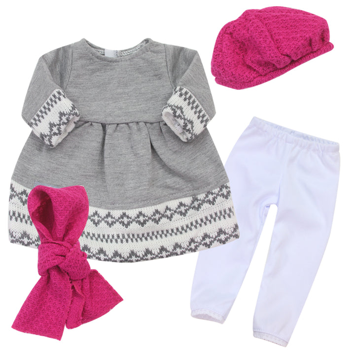 A grey and pink Sophia's Doll Dress, Leggings, Hat, and Scarf Set for a baby doll.
