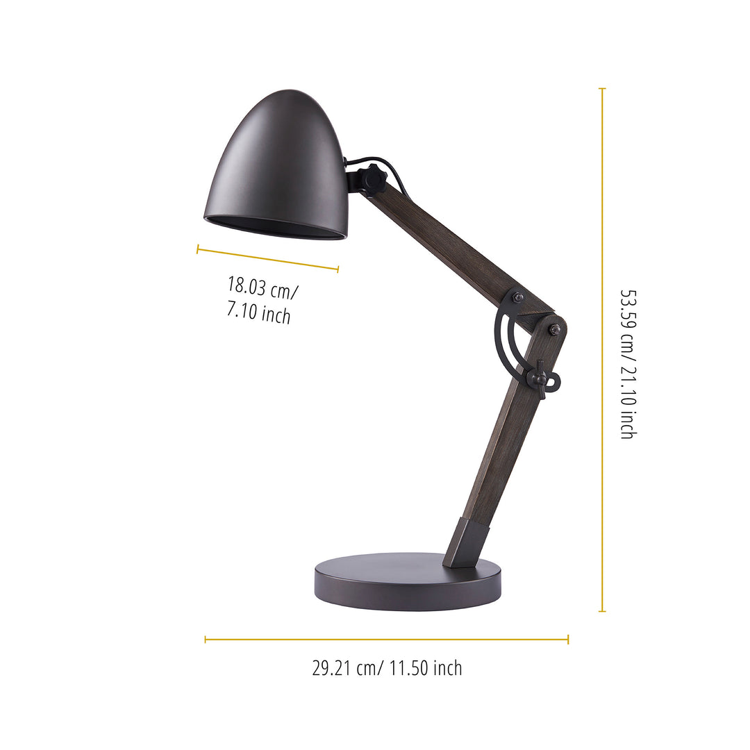 An image of a Teamson Home Lexi Modern Reading Table Lamp with Black Shade and Brushed Steel Finish with measurements.