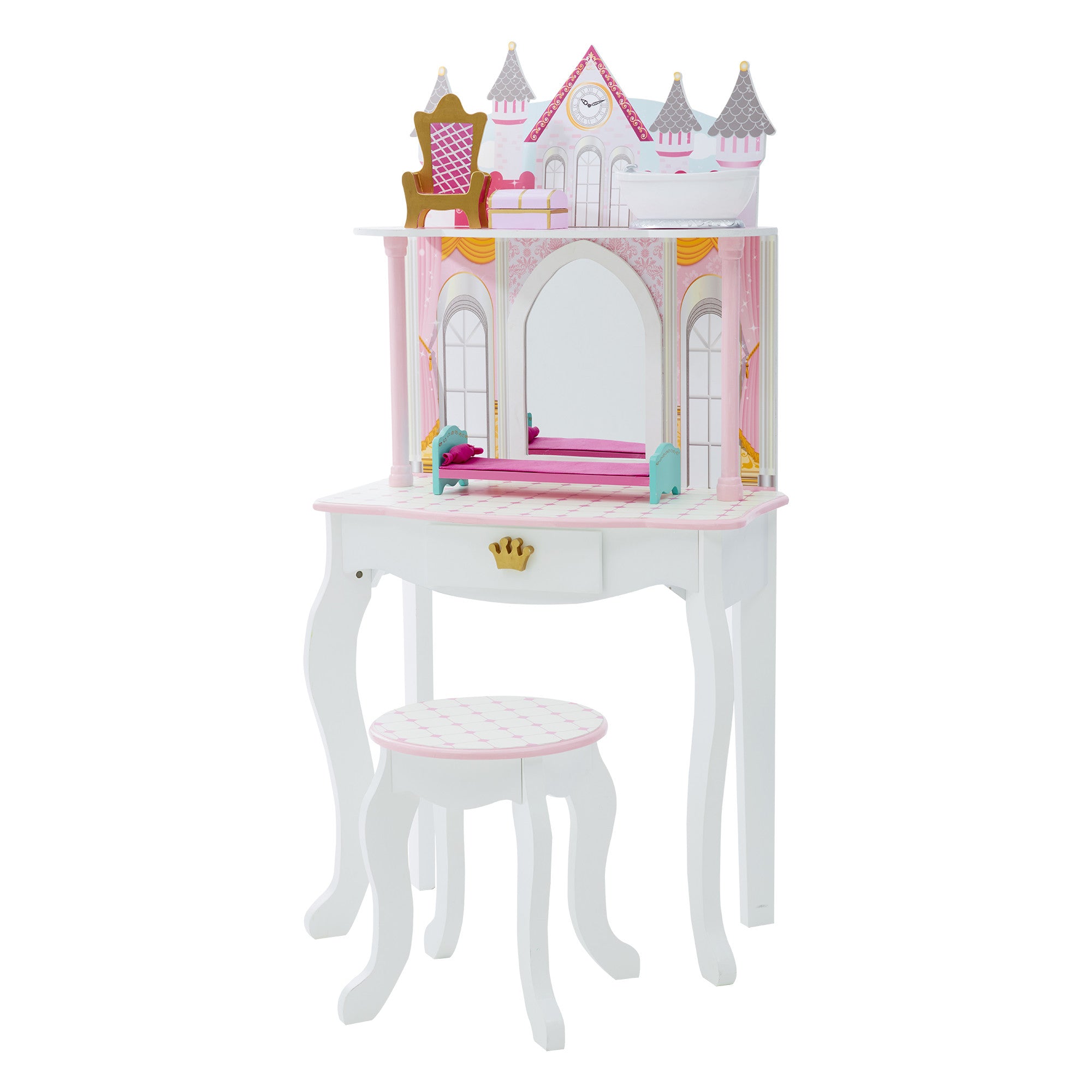 Princess castle vanity for kids. Top of the vanity looks like a castle with matching accessories. Vanity stool is white with a pink and white design on top. Vanity has a drawer with a crown design on the front. 