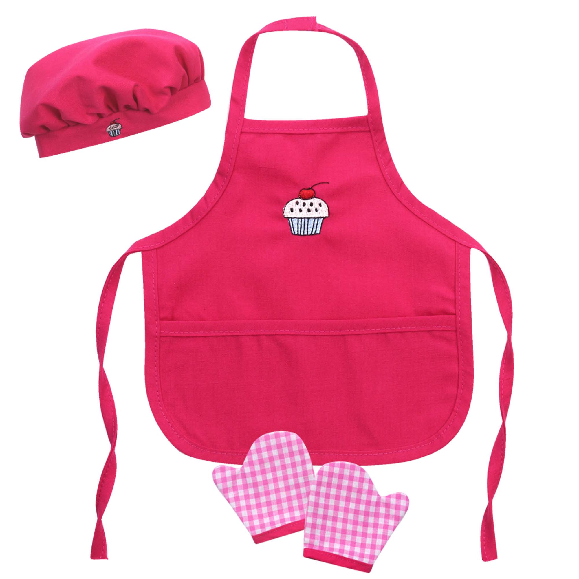 Sophia’s Cupcake Baking Apron, Hat, & Gingham Oven Mitts Complete Matching Accessory Set for 18” Dolls, Hot Pink