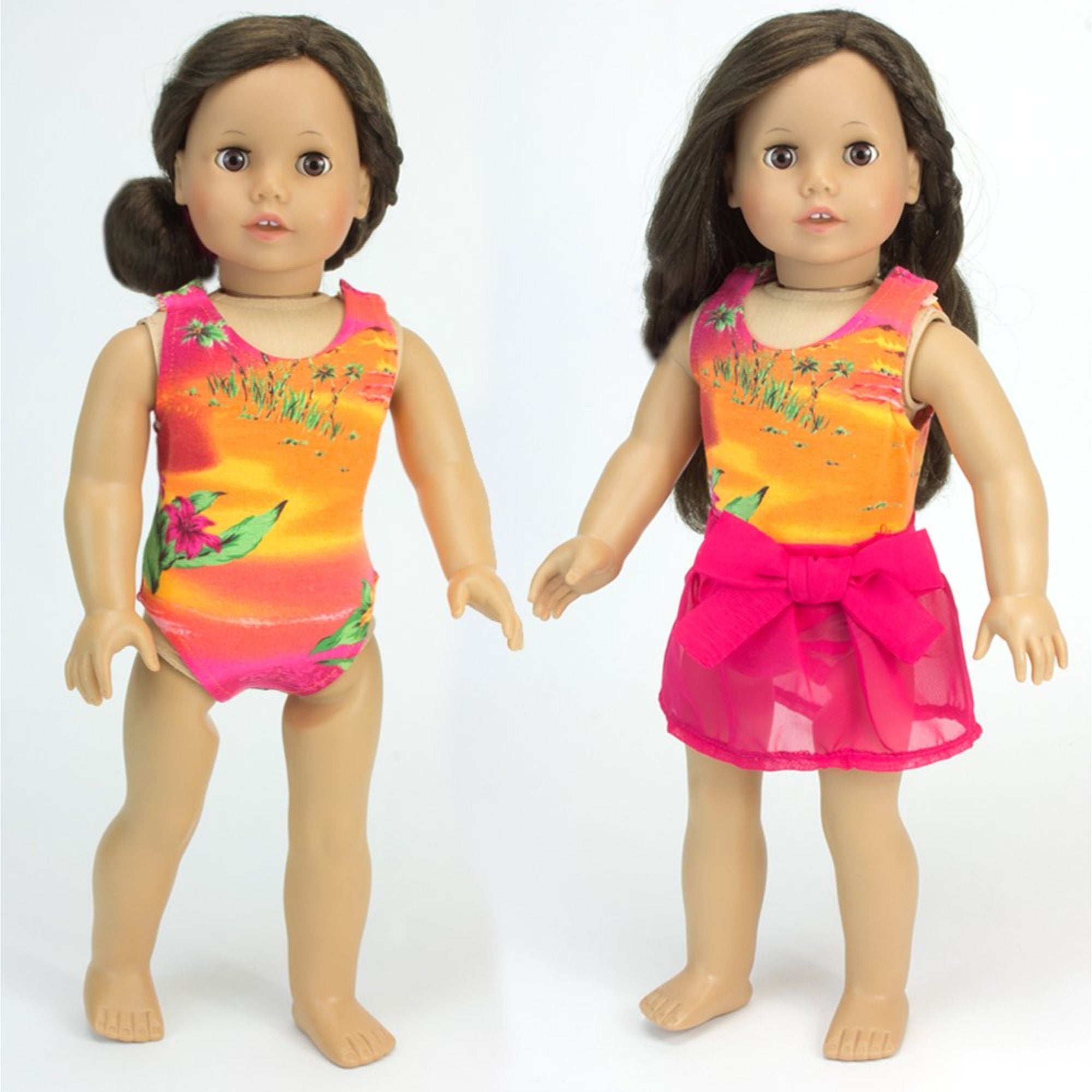 Sophia’s Seasonal One-Piece Sunset Design Bathing Suit & Sarong Cover-Up Skirt Summer Fun Outfit Set for 18” Dolls, Orange/Hot Pink