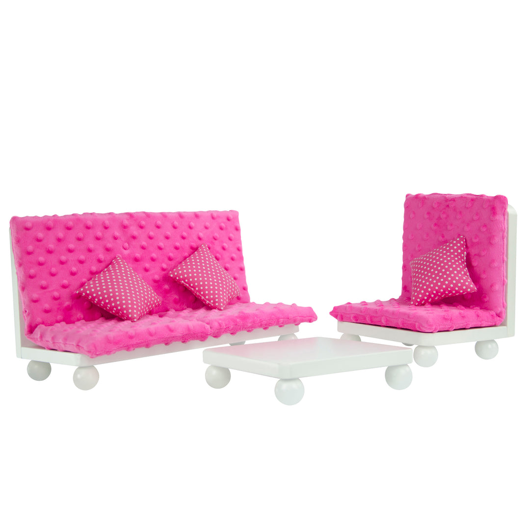 A Olivia's Little World Little Princess Lounge Set with Couch, Chair and Coffee Table in hot pink for doll furniture.
