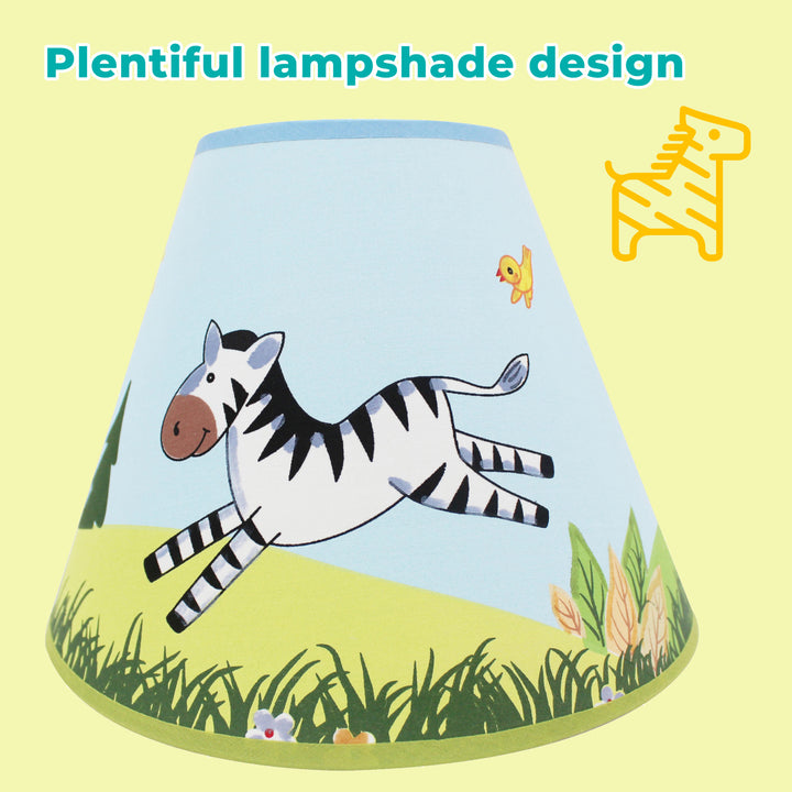 A Fantasy Fields Kids Sunny Safari Table Lamp, Multicolor with a playful zebra on it, perfect for children's rooms.