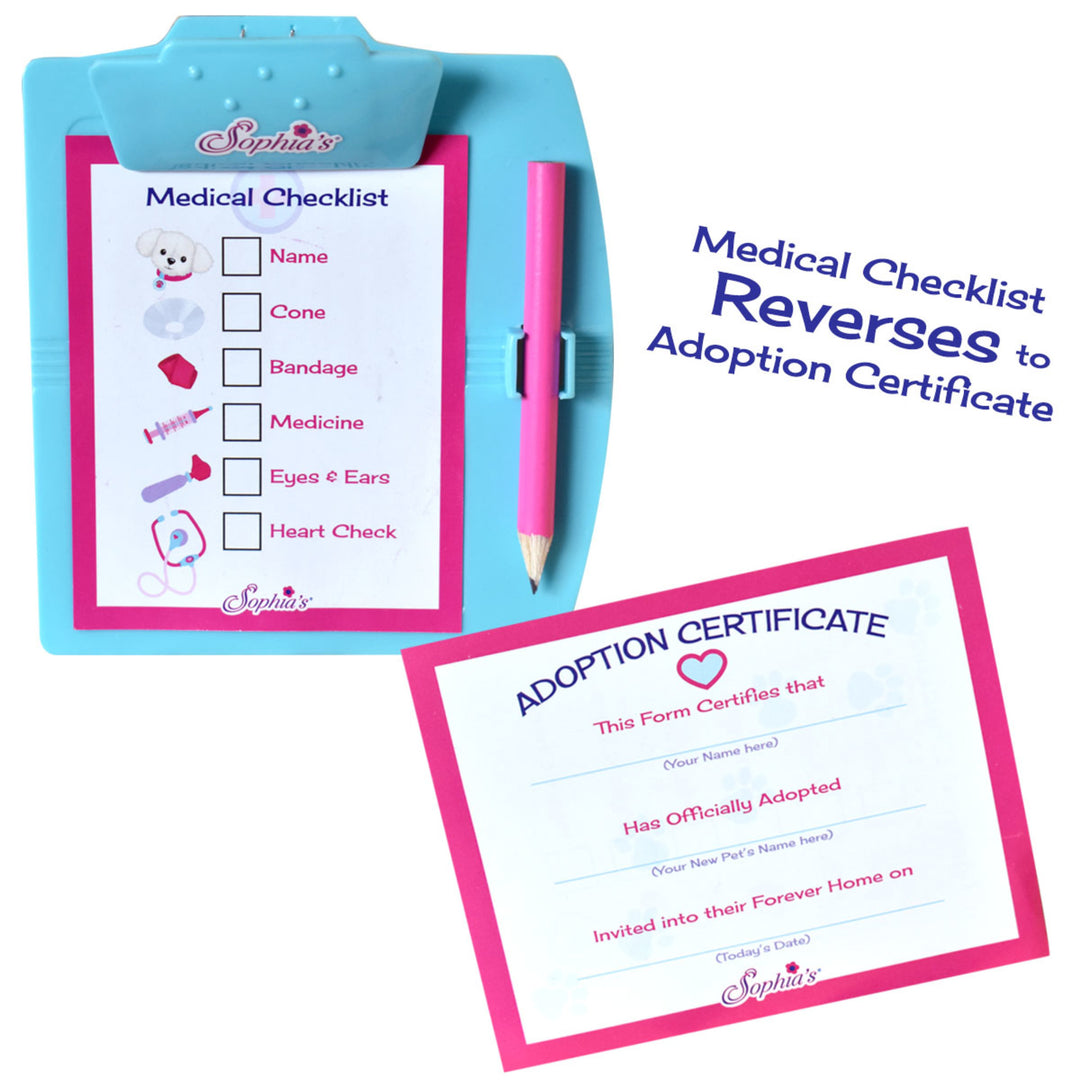 A blue clipboard with a pink pencil and a two-sided medical checklist/adoption certificate